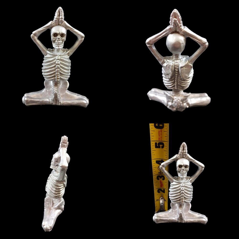 Yoga Meditation Pose Skeleton Skull Figurine 4" Silver Resin Painted Decor